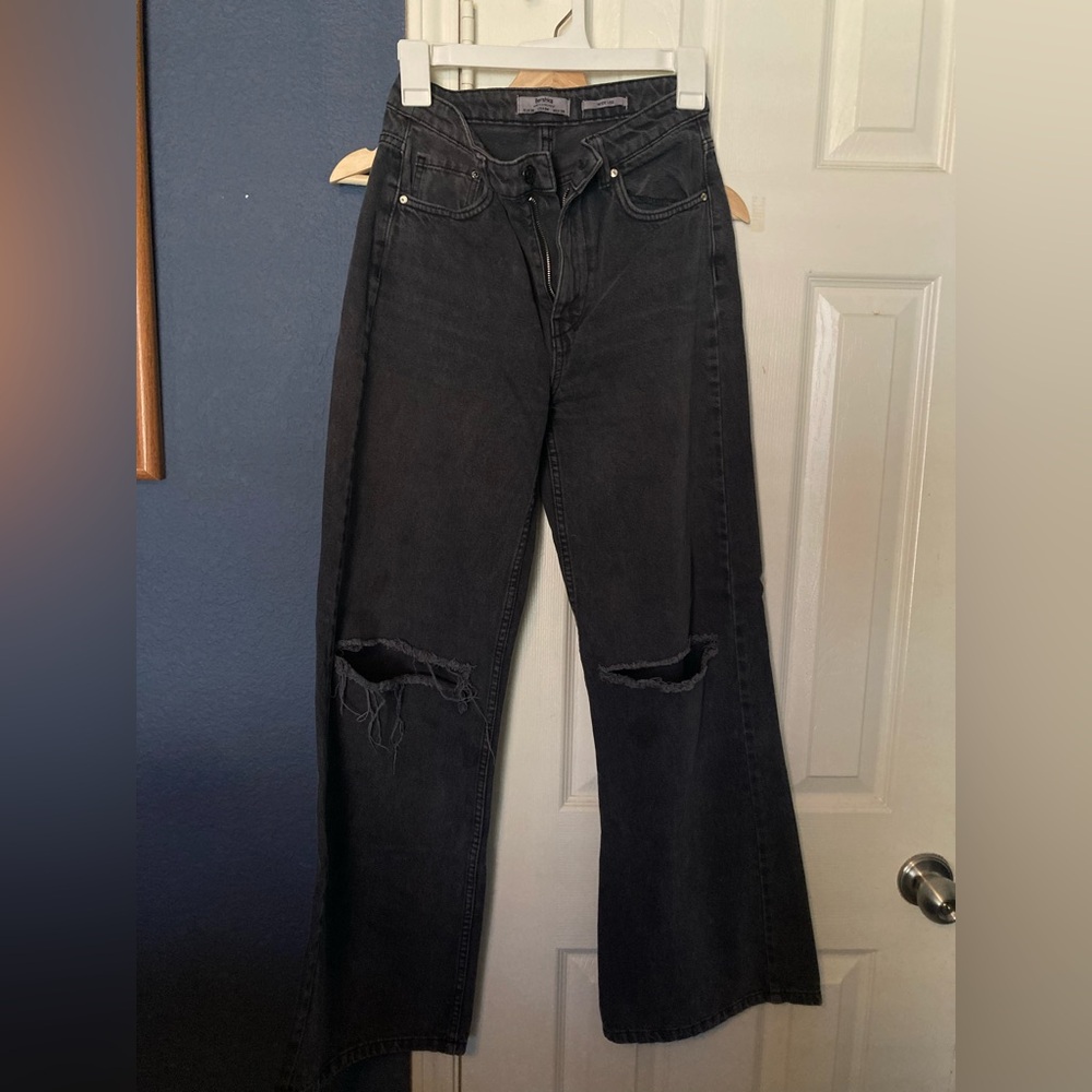 Black Distressed Wide Leg Denim Jeans